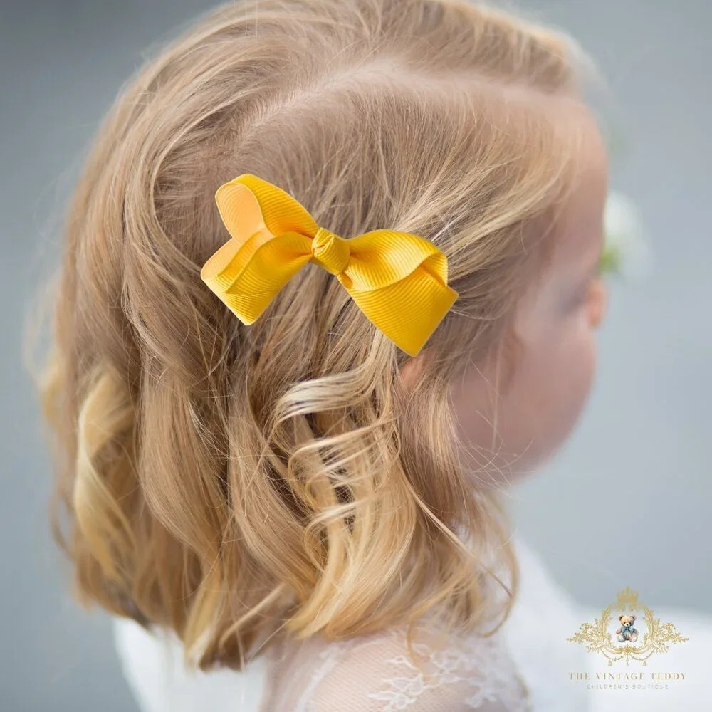 Set of 2 Pretty Girls Hair Bows Grosgrain Ribbon Clips Hair Accessories Yellow